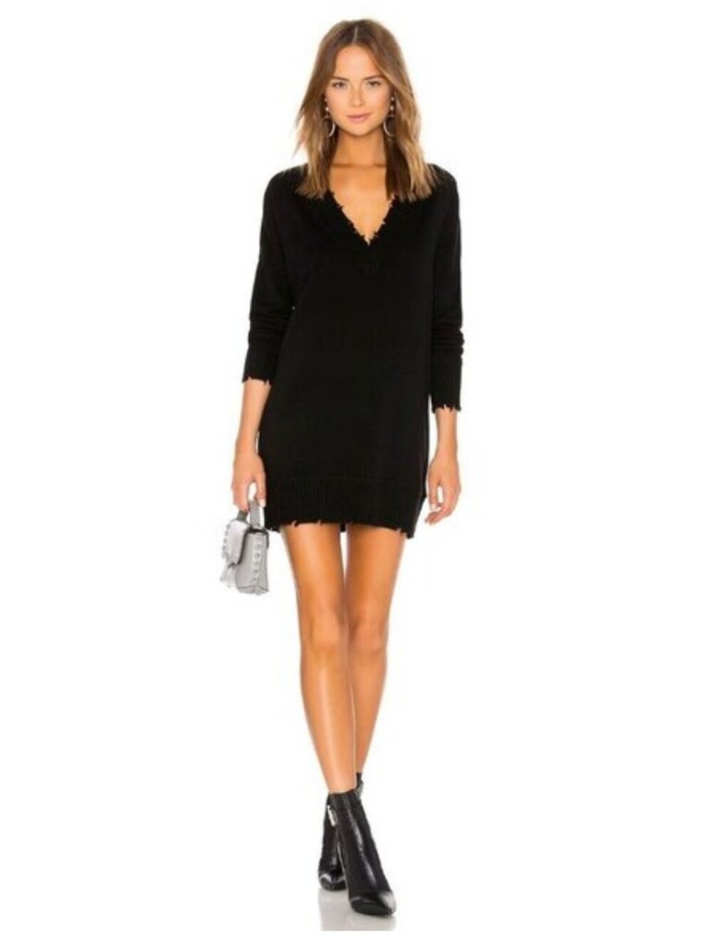 27 Miles Cashmere Black Distressed Long Sleeve Ribbed Mini Sweater Dress Small